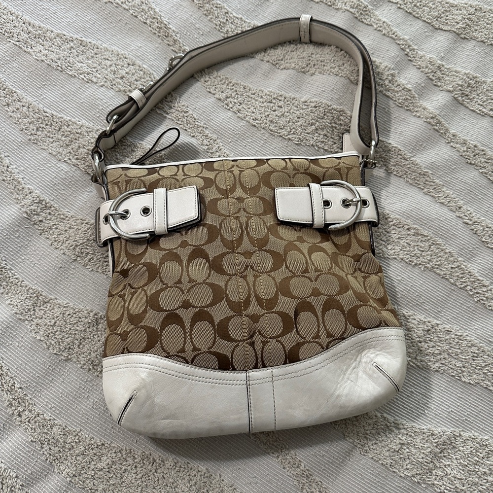 Coach Signature Canvas Shoulder Bag in Khaki/White